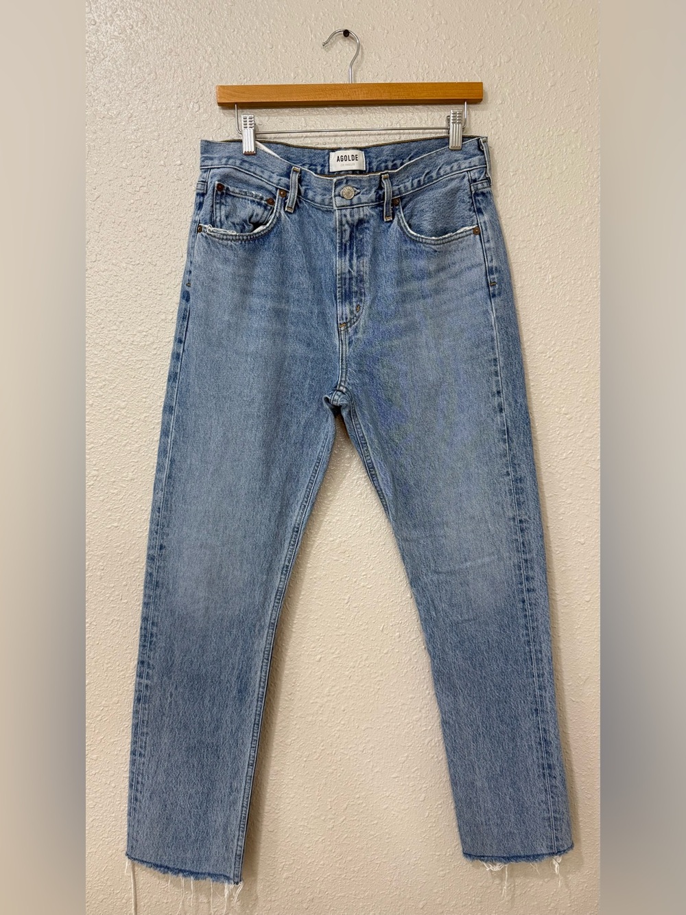AGOLDE Riley High Rise Crop Straight Leg Jeans Size 29 Raw Hem Light Wash